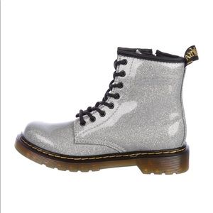 Girls Dr. Martens 1460 silver sparkle combat boots